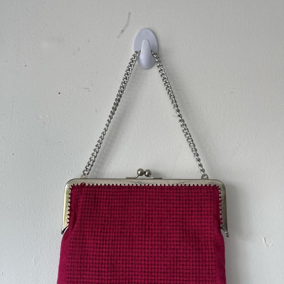 Vintage Red Burgundy Small Rectangle Knit Crochet Bag w/ Silver Chainlink Handle - Picture 4 of 8